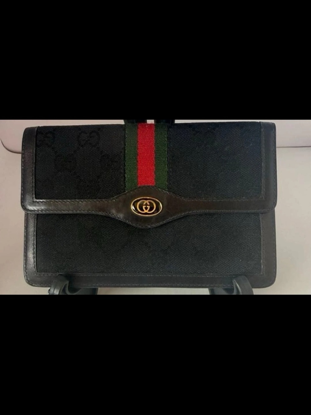 Gucci Black Canvas Clutch with Green and Red Web Stripe